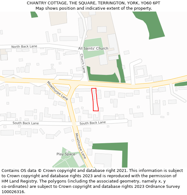 CHANTRY COTTAGE, THE SQUARE, TERRINGTON, YORK, YO60 6PT: Location map and indicative extent of plot