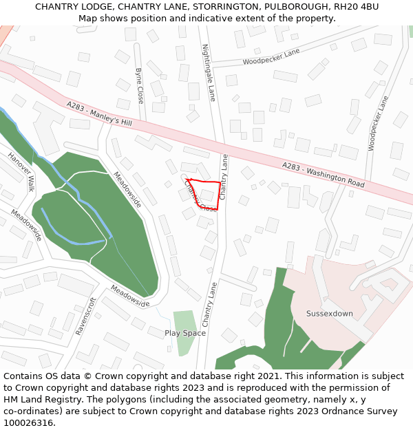 CHANTRY LODGE, CHANTRY LANE, STORRINGTON, PULBOROUGH, RH20 4BU: Location map and indicative extent of plot