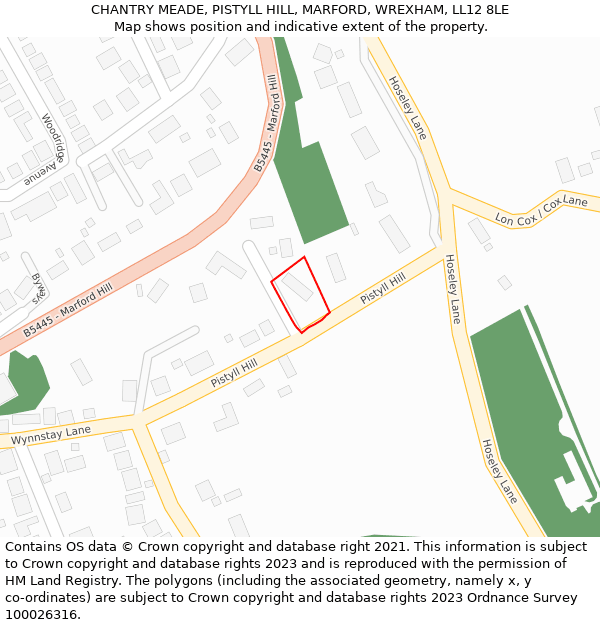 CHANTRY MEADE, PISTYLL HILL, MARFORD, WREXHAM, LL12 8LE: Location map and indicative extent of plot