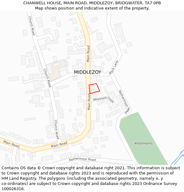 CHANWELL HOUSE, MAIN ROAD, MIDDLEZOY, BRIDGWATER, TA7 0PB: Location map and indicative extent of plot