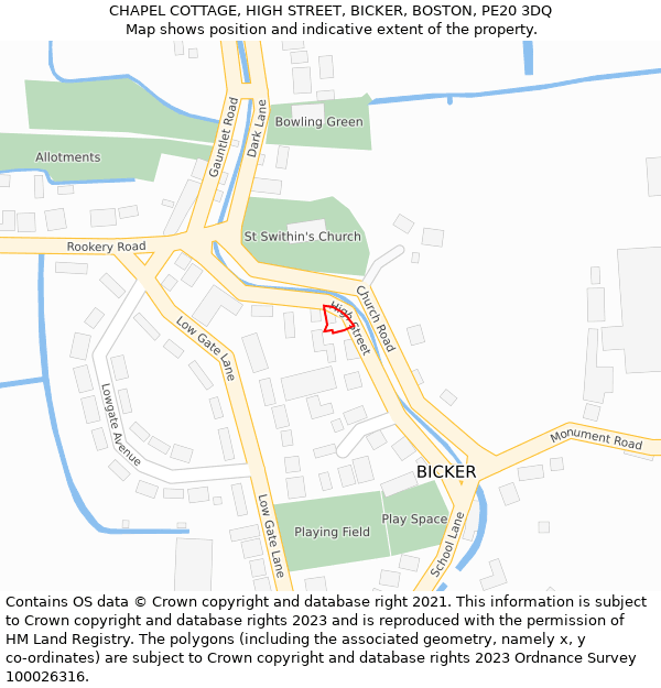 CHAPEL COTTAGE, HIGH STREET, BICKER, BOSTON, PE20 3DQ: Location map and indicative extent of plot