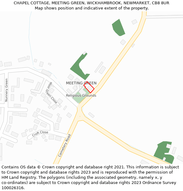 CHAPEL COTTAGE, MEETING GREEN, WICKHAMBROOK, NEWMARKET, CB8 8UR: Location map and indicative extent of plot