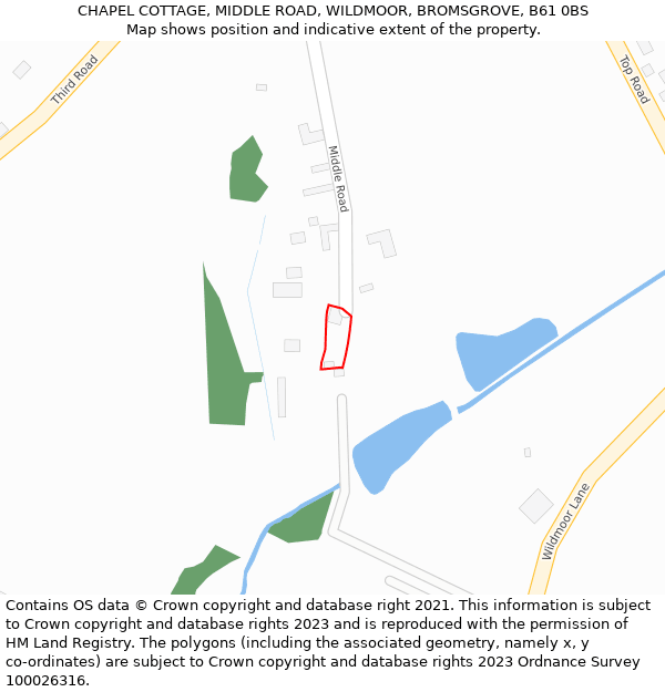 CHAPEL COTTAGE, MIDDLE ROAD, WILDMOOR, BROMSGROVE, B61 0BS: Location map and indicative extent of plot