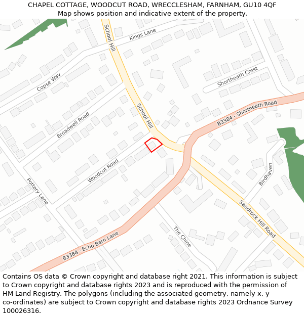 CHAPEL COTTAGE, WOODCUT ROAD, WRECCLESHAM, FARNHAM, GU10 4QF: Location map and indicative extent of plot