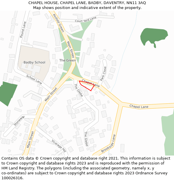 CHAPEL HOUSE, CHAPEL LANE, BADBY, DAVENTRY, NN11 3AQ: Location map and indicative extent of plot
