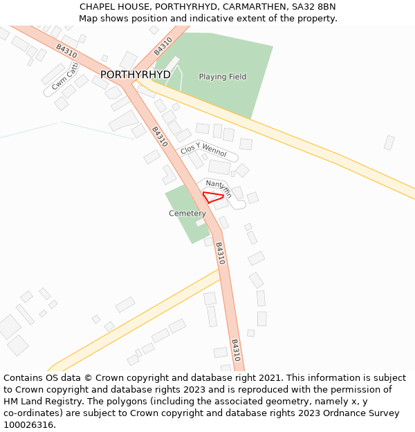 CHAPEL HOUSE, PORTHYRHYD, CARMARTHEN, SA32 8BN: Location map and indicative extent of plot