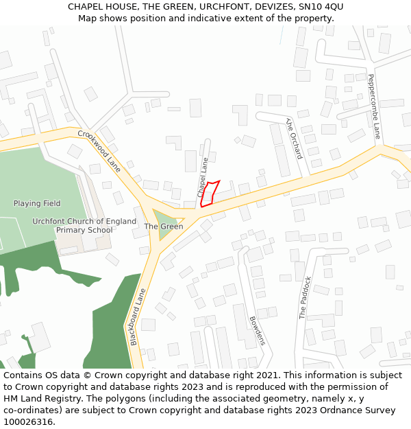 CHAPEL HOUSE, THE GREEN, URCHFONT, DEVIZES, SN10 4QU: Location map and indicative extent of plot