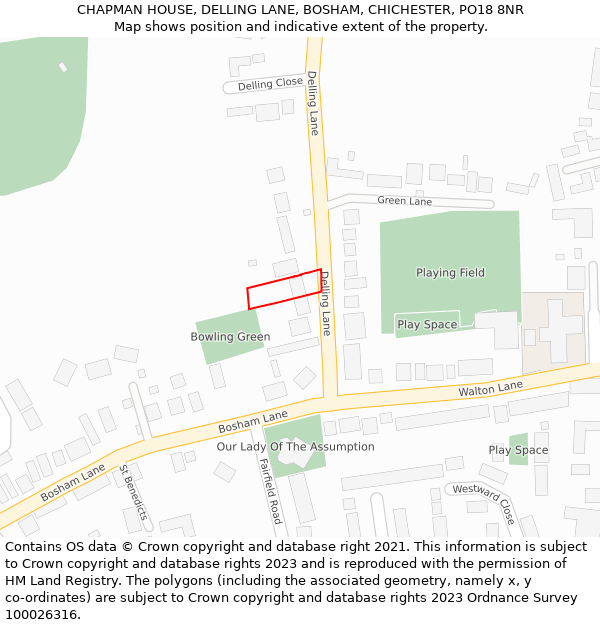 CHAPMAN HOUSE, DELLING LANE, BOSHAM, CHICHESTER, PO18 8NR: Location map and indicative extent of plot