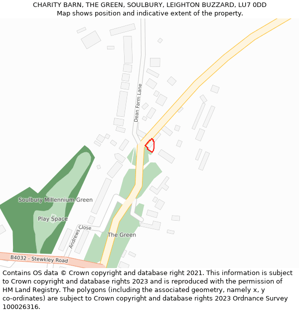 CHARITY BARN, THE GREEN, SOULBURY, LEIGHTON BUZZARD, LU7 0DD: Location map and indicative extent of plot