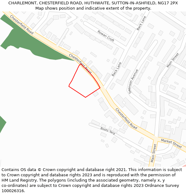 CHARLEMONT, CHESTERFIELD ROAD, HUTHWAITE, SUTTON-IN-ASHFIELD, NG17 2PX: Location map and indicative extent of plot