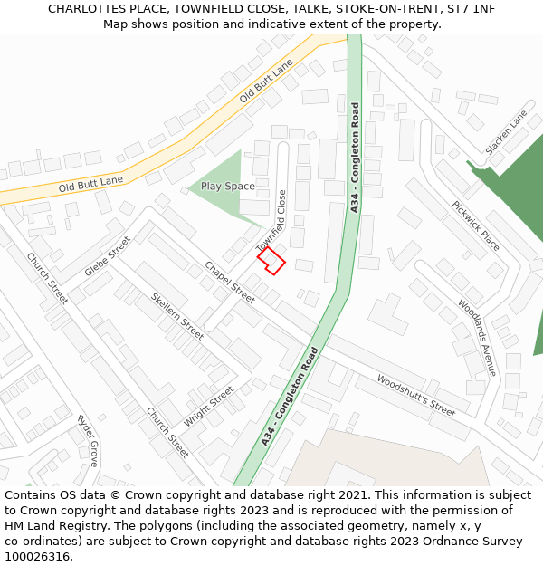 CHARLOTTES PLACE, TOWNFIELD CLOSE, TALKE, STOKE-ON-TRENT, ST7 1NF: Location map and indicative extent of plot