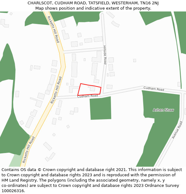 CHARLSCOT, CUDHAM ROAD, TATSFIELD, WESTERHAM, TN16 2NJ: Location map and indicative extent of plot