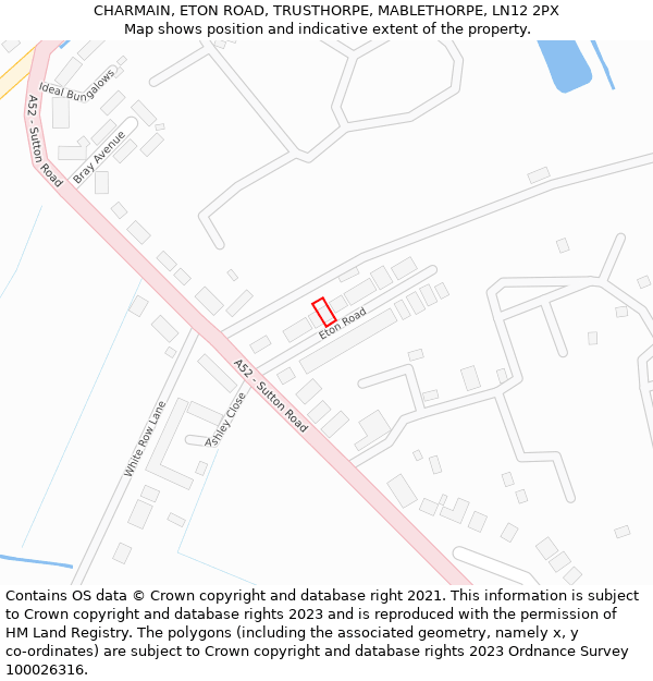 CHARMAIN, ETON ROAD, TRUSTHORPE, MABLETHORPE, LN12 2PX: Location map and indicative extent of plot