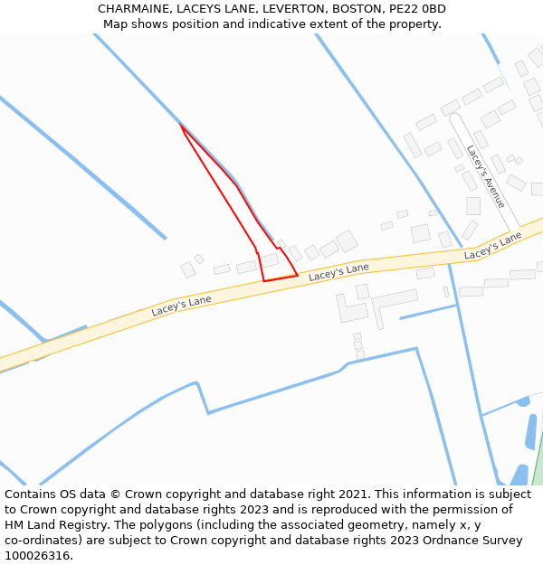 CHARMAINE, LACEYS LANE, LEVERTON, BOSTON, PE22 0BD: Location map and indicative extent of plot