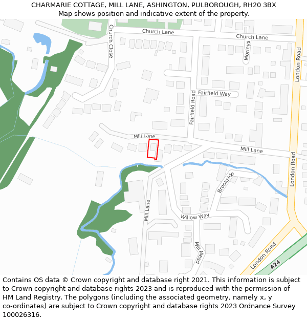 CHARMARIE COTTAGE, MILL LANE, ASHINGTON, PULBOROUGH, RH20 3BX: Location map and indicative extent of plot