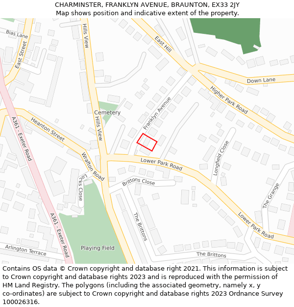 CHARMINSTER, FRANKLYN AVENUE, BRAUNTON, EX33 2JY: Location map and indicative extent of plot