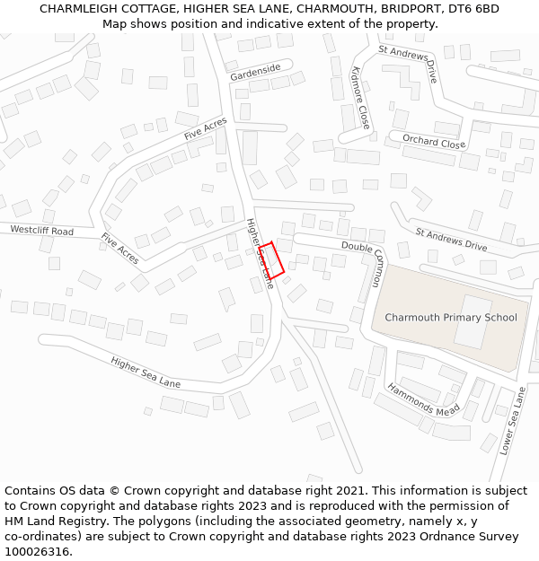 CHARMLEIGH COTTAGE, HIGHER SEA LANE, CHARMOUTH, BRIDPORT, DT6 6BD: Location map and indicative extent of plot