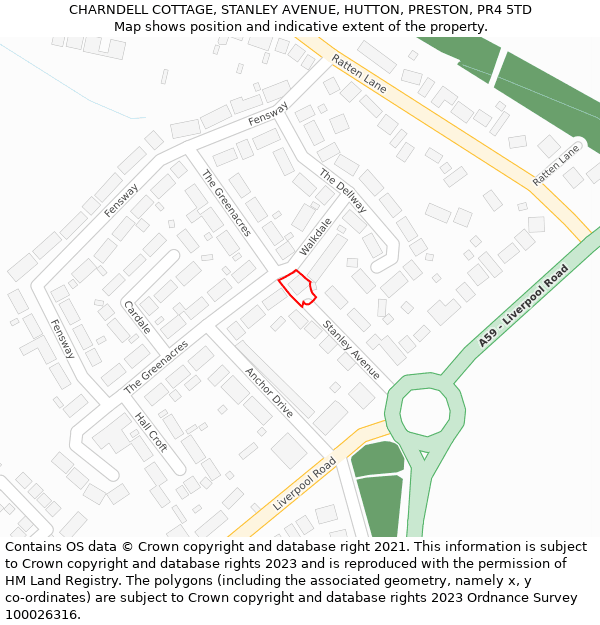 CHARNDELL COTTAGE, STANLEY AVENUE, HUTTON, PRESTON, PR4 5TD: Location map and indicative extent of plot