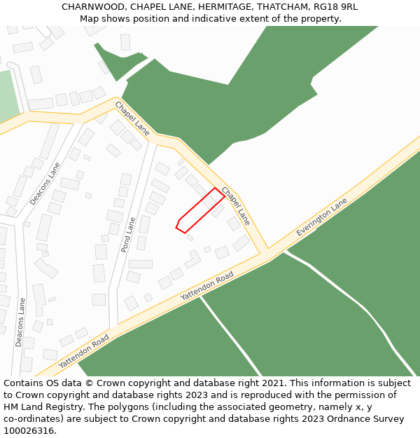 CHARNWOOD, CHAPEL LANE, HERMITAGE, THATCHAM, RG18 9RL: Location map and indicative extent of plot