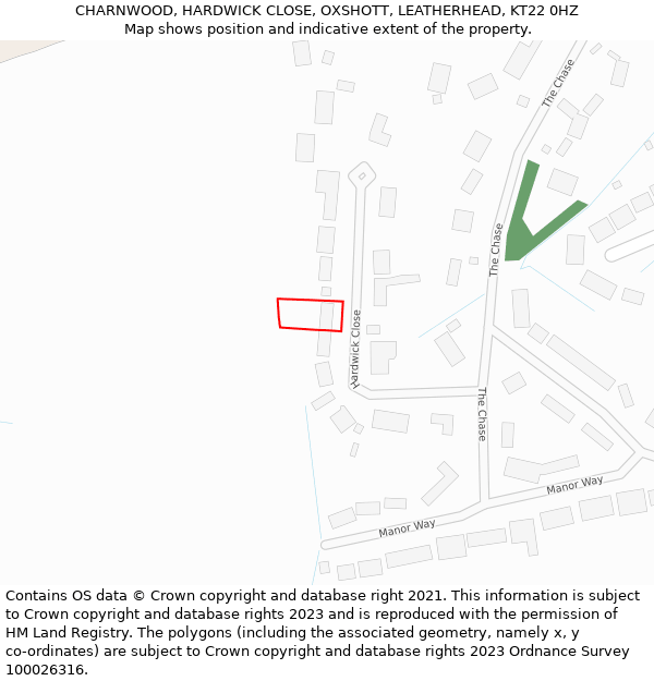 CHARNWOOD, HARDWICK CLOSE, OXSHOTT, LEATHERHEAD, KT22 0HZ: Location map and indicative extent of plot