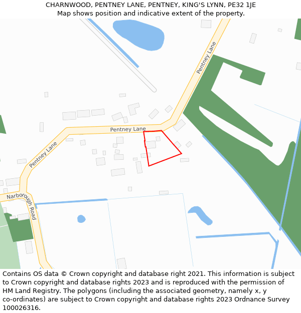 CHARNWOOD, PENTNEY LANE, PENTNEY, KING'S LYNN, PE32 1JE: Location map and indicative extent of plot