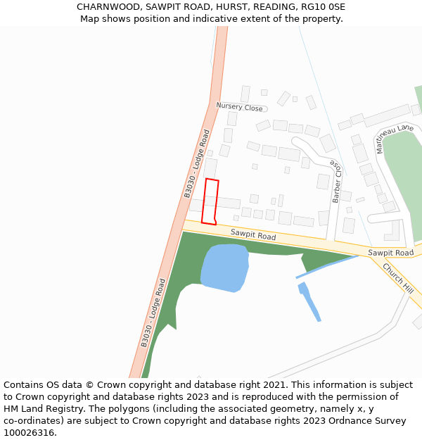CHARNWOOD, SAWPIT ROAD, HURST, READING, RG10 0SE: Location map and indicative extent of plot