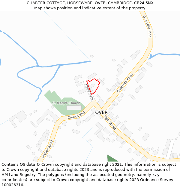 CHARTER COTTAGE, HORSEWARE, OVER, CAMBRIDGE, CB24 5NX: Location map and indicative extent of plot