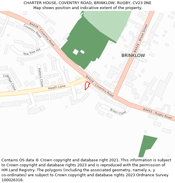 CHARTER HOUSE, COVENTRY ROAD, BRINKLOW, RUGBY, CV23 0NE: Location map and indicative extent of plot