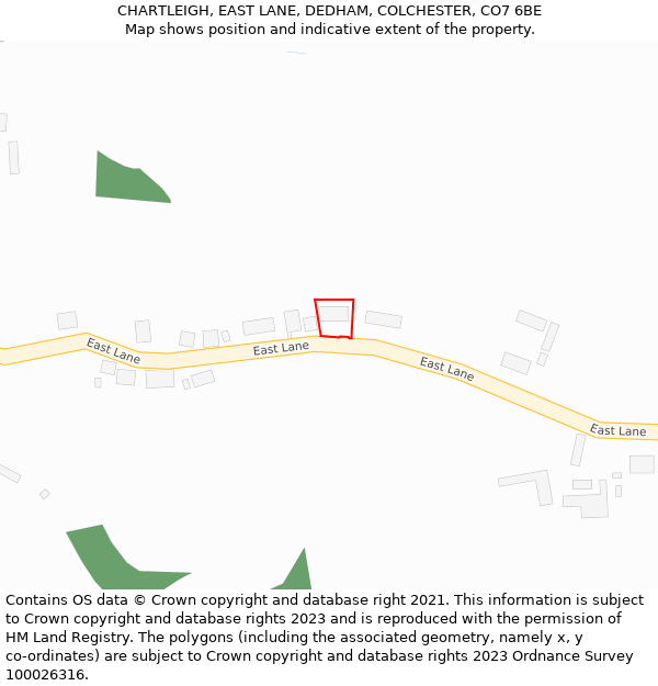 CHARTLEIGH, EAST LANE, DEDHAM, COLCHESTER, CO7 6BE: Location map and indicative extent of plot