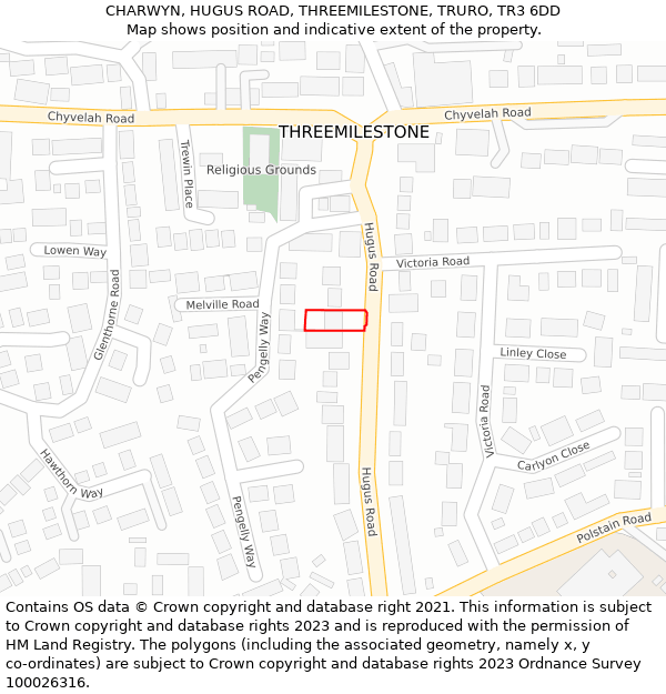 CHARWYN, HUGUS ROAD, THREEMILESTONE, TRURO, TR3 6DD: Location map and indicative extent of plot