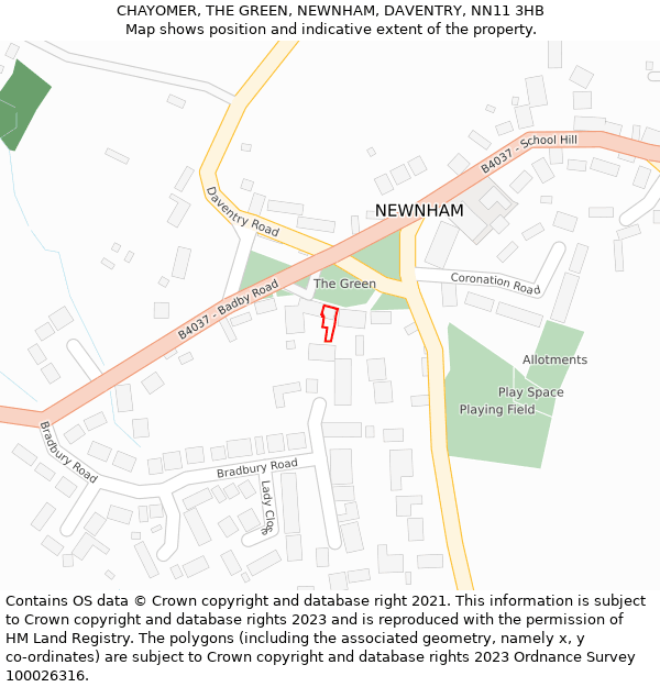 CHAYOMER, THE GREEN, NEWNHAM, DAVENTRY, NN11 3HB: Location map and indicative extent of plot