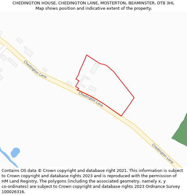 CHEDINGTON HOUSE, CHEDINGTON LANE, MOSTERTON, BEAMINSTER, DT8 3HL: Location map and indicative extent of plot