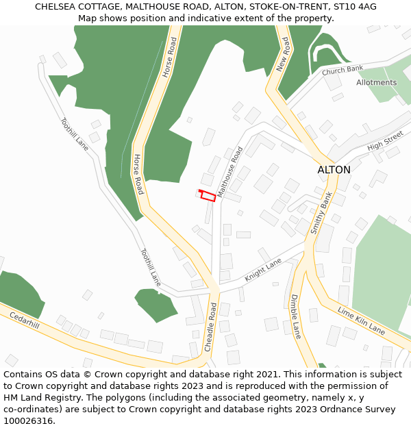 CHELSEA COTTAGE, MALTHOUSE ROAD, ALTON, STOKE-ON-TRENT, ST10 4AG: Location map and indicative extent of plot