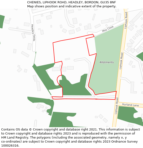 CHENIES, LIPHOOK ROAD, HEADLEY, BORDON, GU35 8NF: Location map and indicative extent of plot