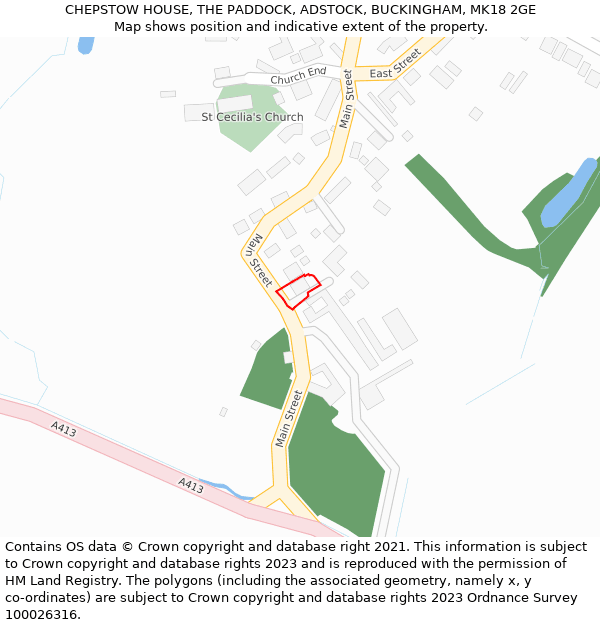 CHEPSTOW HOUSE, THE PADDOCK, ADSTOCK, BUCKINGHAM, MK18 2GE: Location map and indicative extent of plot