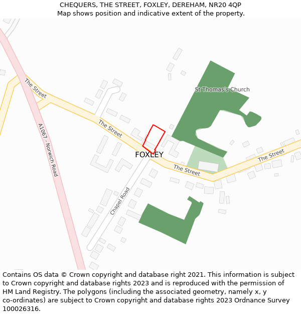 CHEQUERS, THE STREET, FOXLEY, DEREHAM, NR20 4QP: Location map and indicative extent of plot