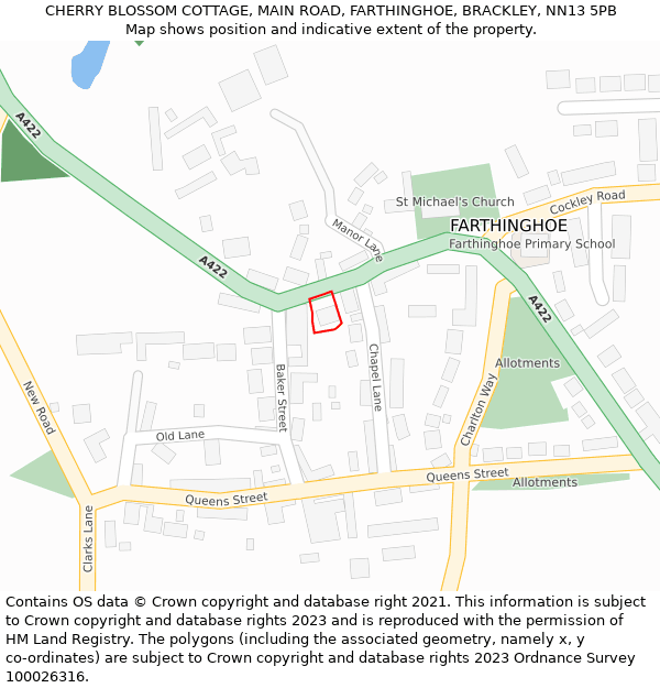 CHERRY BLOSSOM COTTAGE, MAIN ROAD, FARTHINGHOE, BRACKLEY, NN13 5PB: Location map and indicative extent of plot