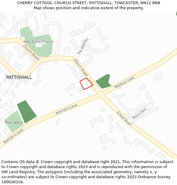 CHERRY COTTAGE, CHURCH STREET, PATTISHALL, TOWCESTER, NN12 8NB: Location map and indicative extent of plot