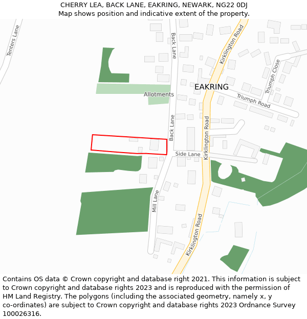 CHERRY LEA, BACK LANE, EAKRING, NEWARK, NG22 0DJ: Location map and indicative extent of plot