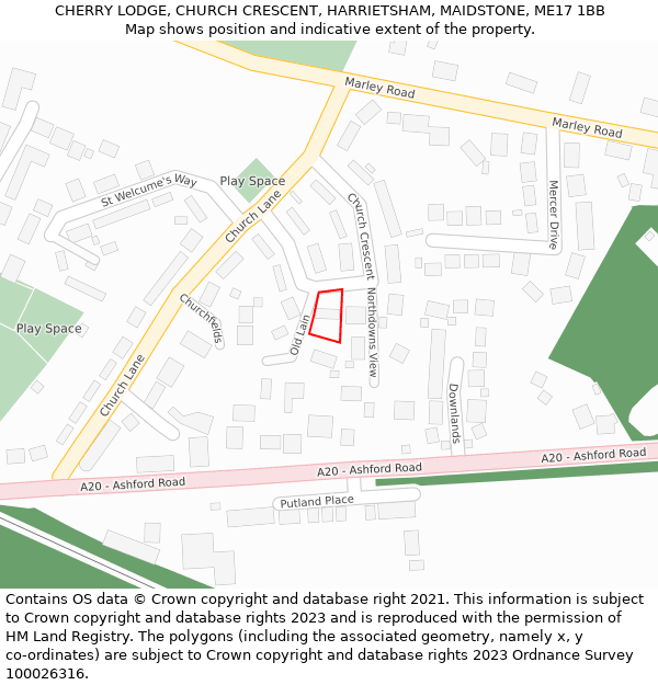 CHERRY LODGE, CHURCH CRESCENT, HARRIETSHAM, MAIDSTONE, ME17 1BB: Location map and indicative extent of plot