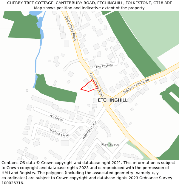 CHERRY TREE COTTAGE, CANTERBURY ROAD, ETCHINGHILL, FOLKESTONE, CT18 8DE: Location map and indicative extent of plot