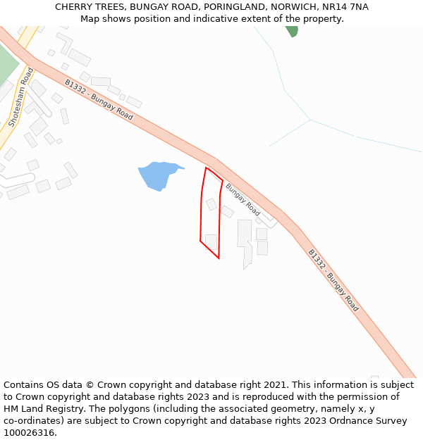 CHERRY TREES, BUNGAY ROAD, PORINGLAND, NORWICH, NR14 7NA: Location map and indicative extent of plot