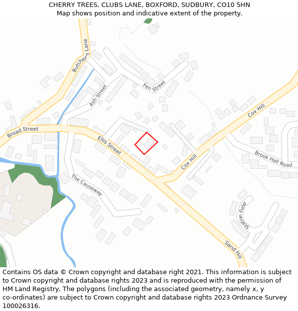 CHERRY TREES, CLUBS LANE, BOXFORD, SUDBURY, CO10 5HN: Location map and indicative extent of plot