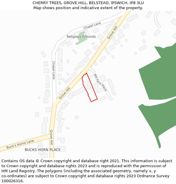 CHERRY TREES, GROVE HILL, BELSTEAD, IPSWICH, IP8 3LU: Location map and indicative extent of plot