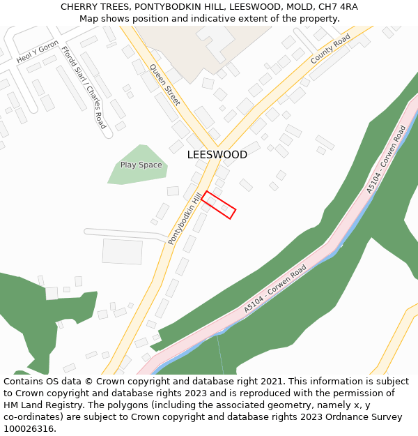 CHERRY TREES, PONTYBODKIN HILL, LEESWOOD, MOLD, CH7 4RA: Location map and indicative extent of plot