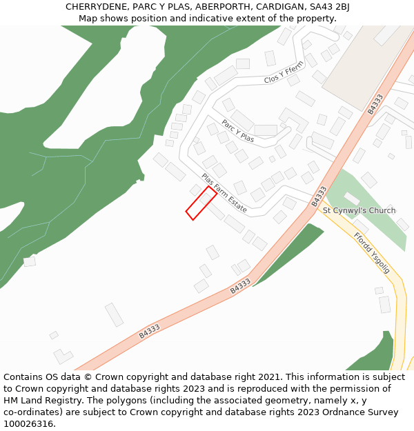 CHERRYDENE, PARC Y PLAS, ABERPORTH, CARDIGAN, SA43 2BJ: Location map and indicative extent of plot