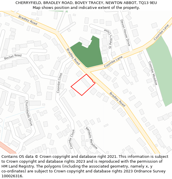 CHERRYFIELD, BRADLEY ROAD, BOVEY TRACEY, NEWTON ABBOT, TQ13 9EU: Location map and indicative extent of plot