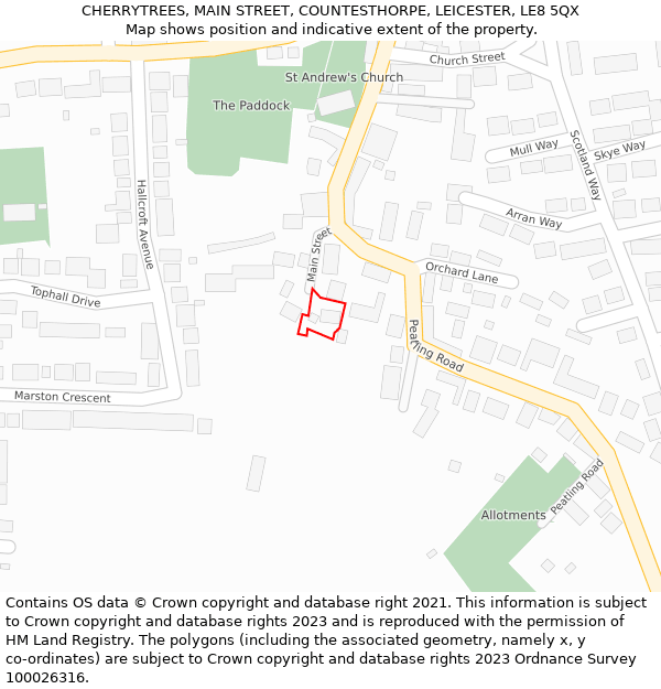 CHERRYTREES, MAIN STREET, COUNTESTHORPE, LEICESTER, LE8 5QX: Location map and indicative extent of plot