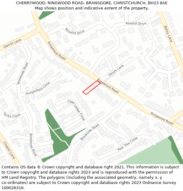 CHERRYWOOD, RINGWOOD ROAD, BRANSGORE, CHRISTCHURCH, BH23 8AE: Location map and indicative extent of plot