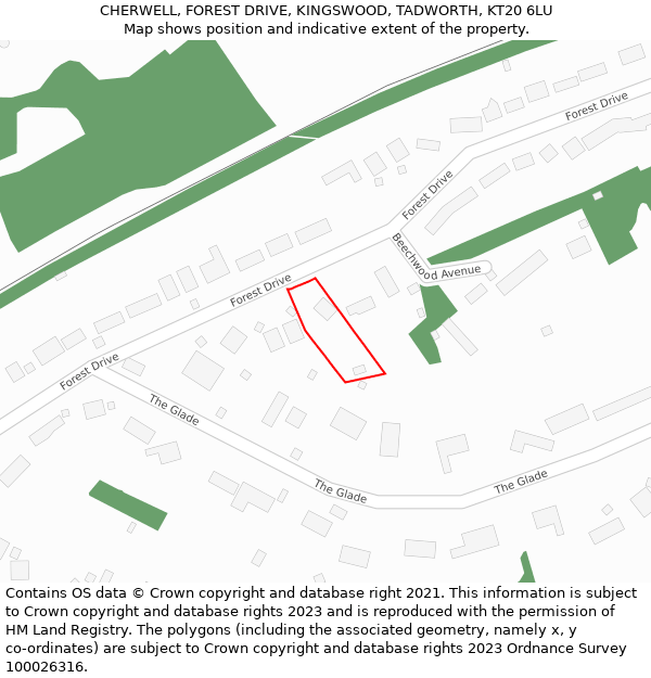 CHERWELL, FOREST DRIVE, KINGSWOOD, TADWORTH, KT20 6LU: Location map and indicative extent of plot
